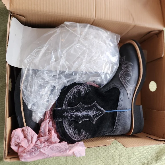 Ariat Showbaby Fatbaby U Turn Cowboy Boots Roughed Black Leather Suede Size 9.5 - Picture 14 of 15